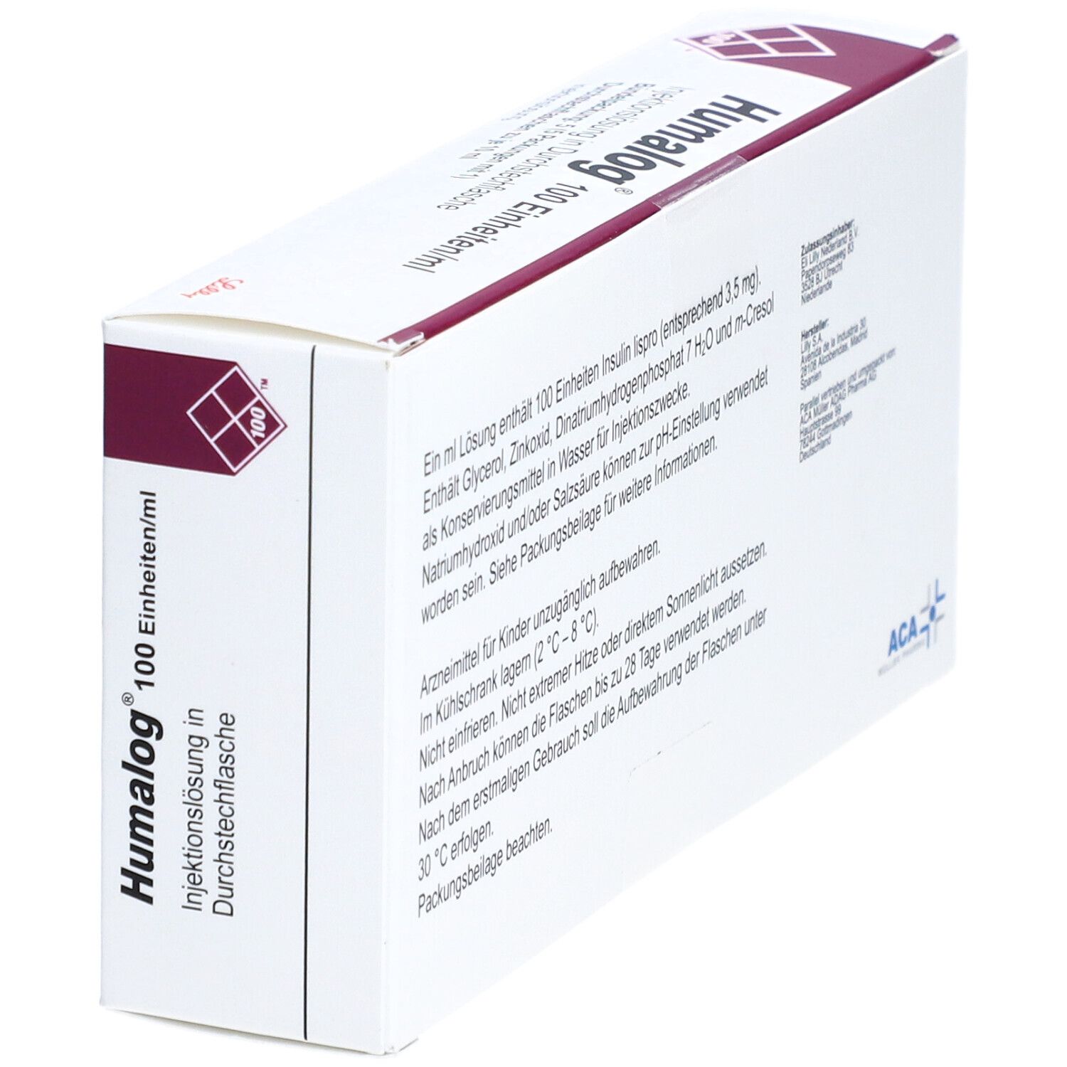 Rückseite der weißen Verpackung. Text: Zusammensetzung, Lagerungshinweise, Herstellerinformationen. ACA-Logo.