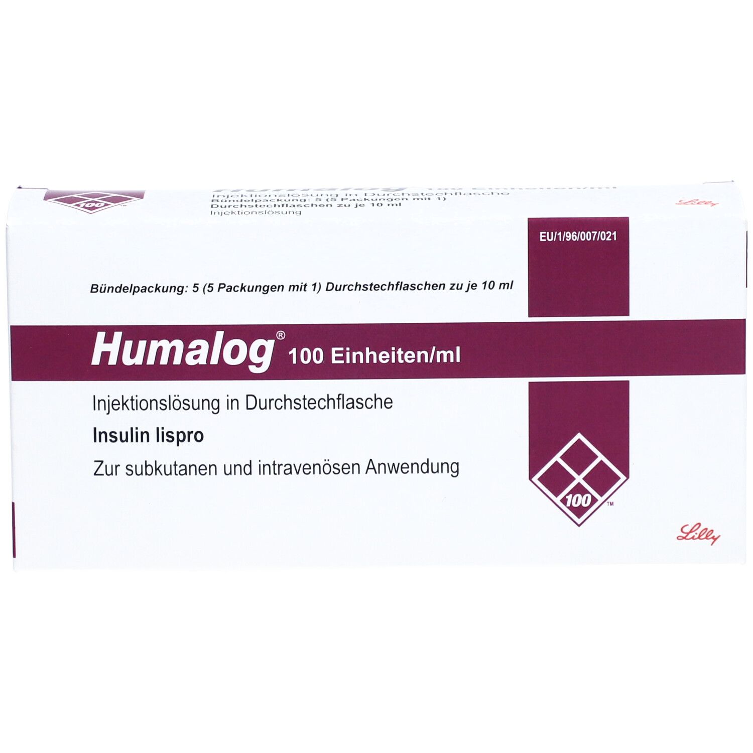 Weiße Verpackung mit lila Akzenten. Aufschrift: Humalog 100 Einheiten/ml. Injektionslösung in Durchstechflasche. Insulin lispro.
