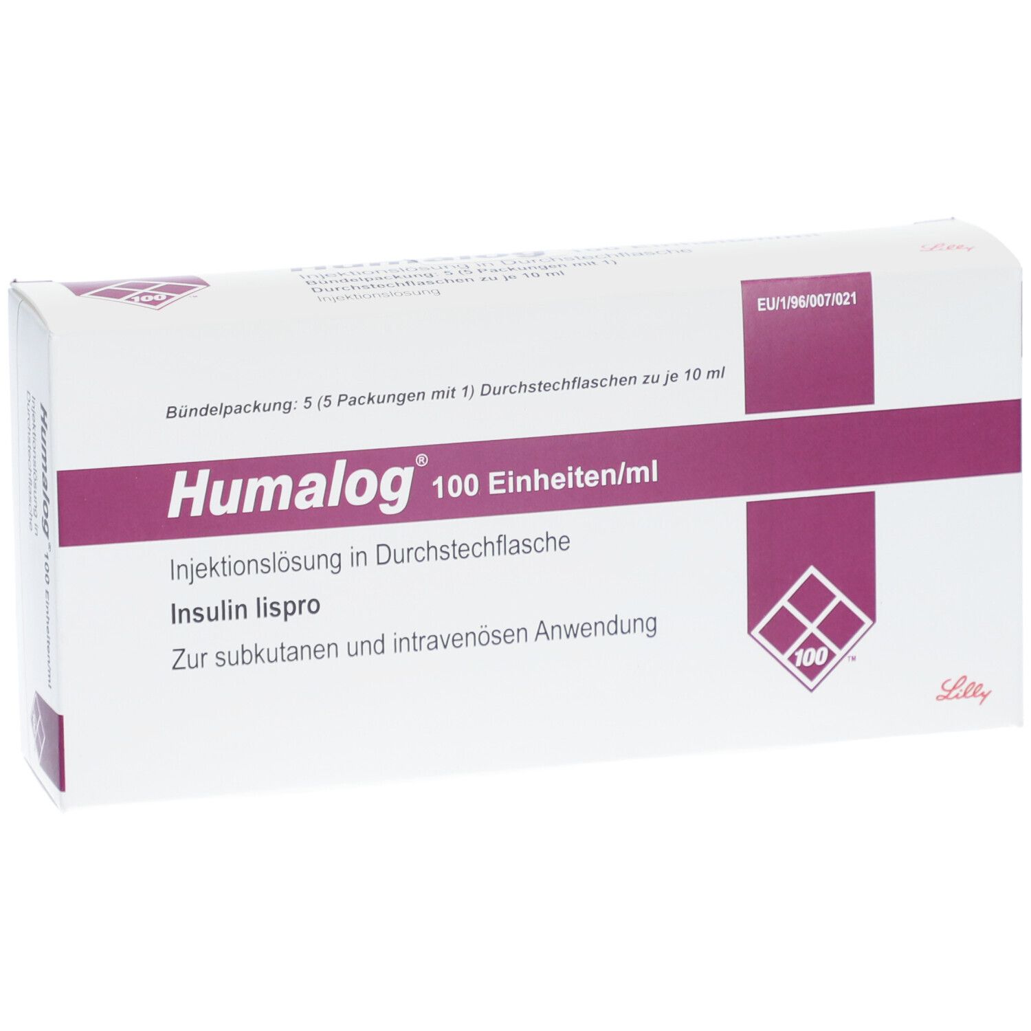 Weiße Verpackung mit lila Akzenten. Aufschrift: Humalog 100 Einheiten/ml. Injektionslösung in Durchstechflasche. Insulin lispro.