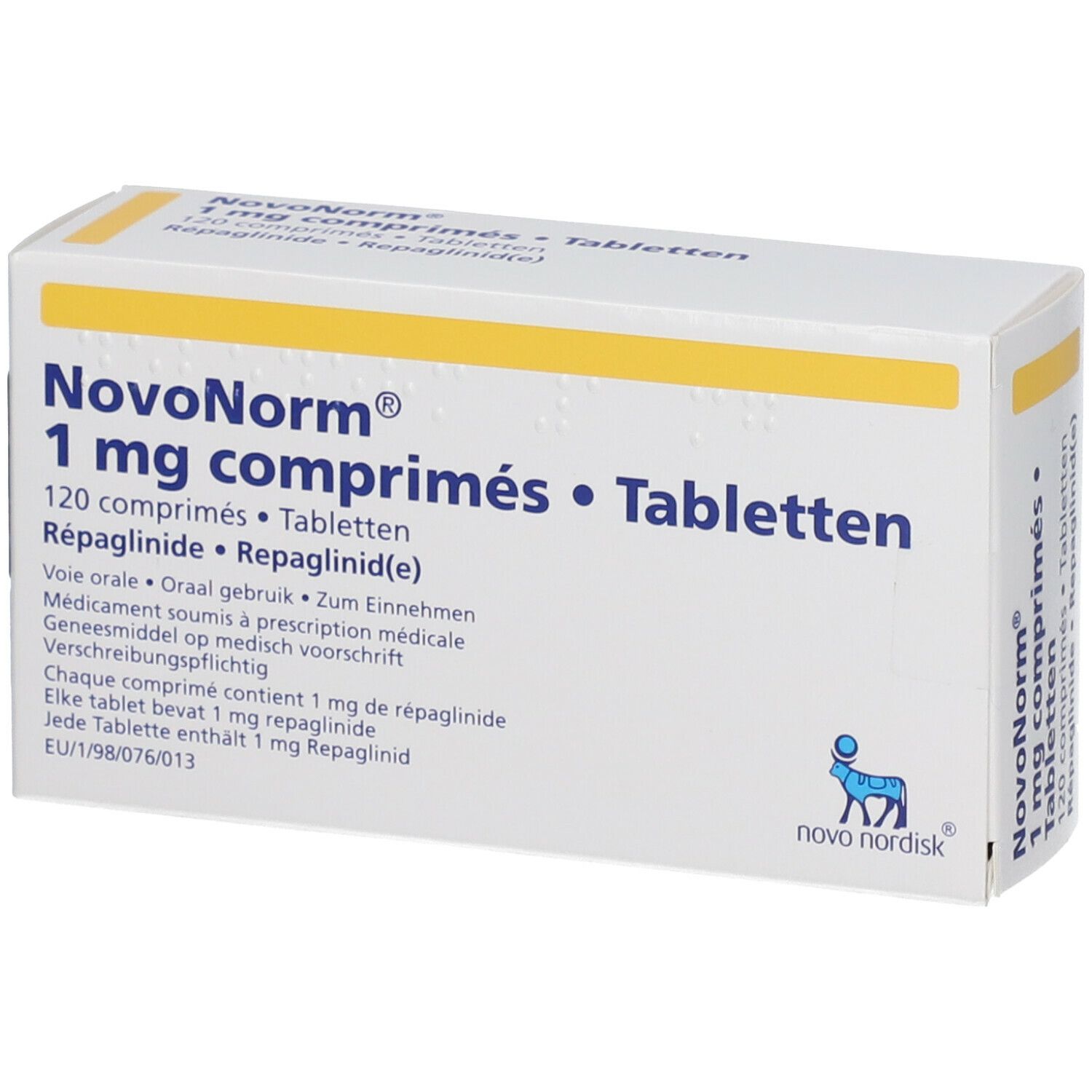 Schachtel mit NovoNorm 1 mg Tabletten. Aufschrift: 120 comprimés, Tabletten. Novo Nordisk Logo.