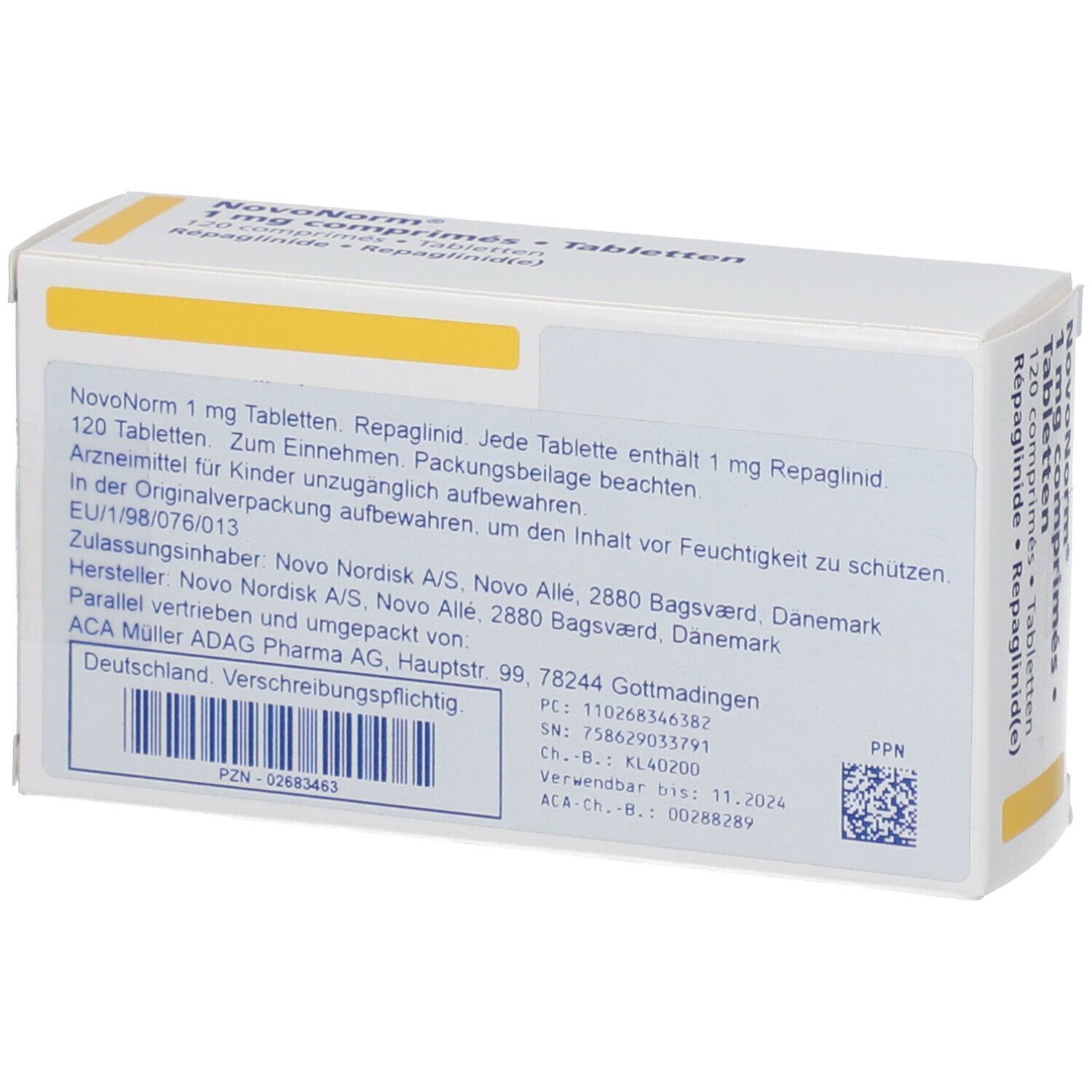 Rückseite der NovoNorm 1 mg Tabletten-Schachtel. Textinformationen, Herstellerangaben, Chargennummer und Verfallsdatum.