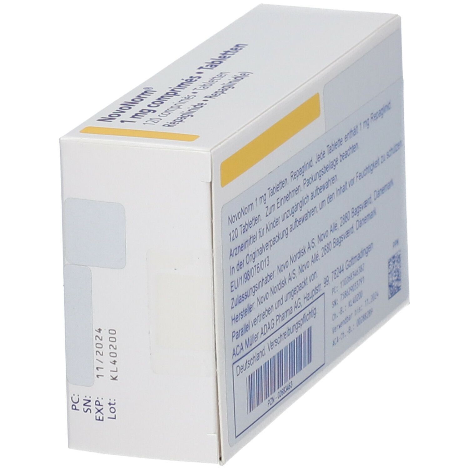 Seitenansicht der NovoNorm 1 mg Tabletten-Schachtel. Verfallsdatum und Chargennummer sind sichtbar.