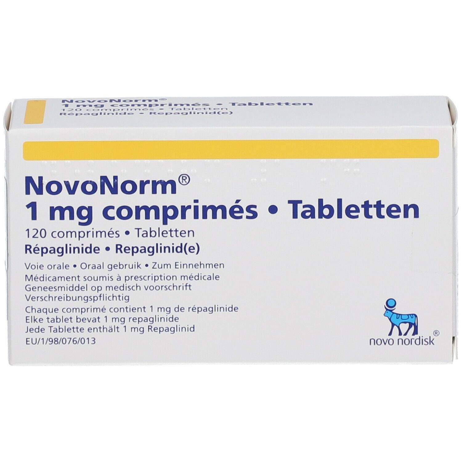 NovoNorm 1 mg Tabletten-Schachtel. Aufschrift: 120 comprimés, Tabletten. Novo Nordisk Logo.