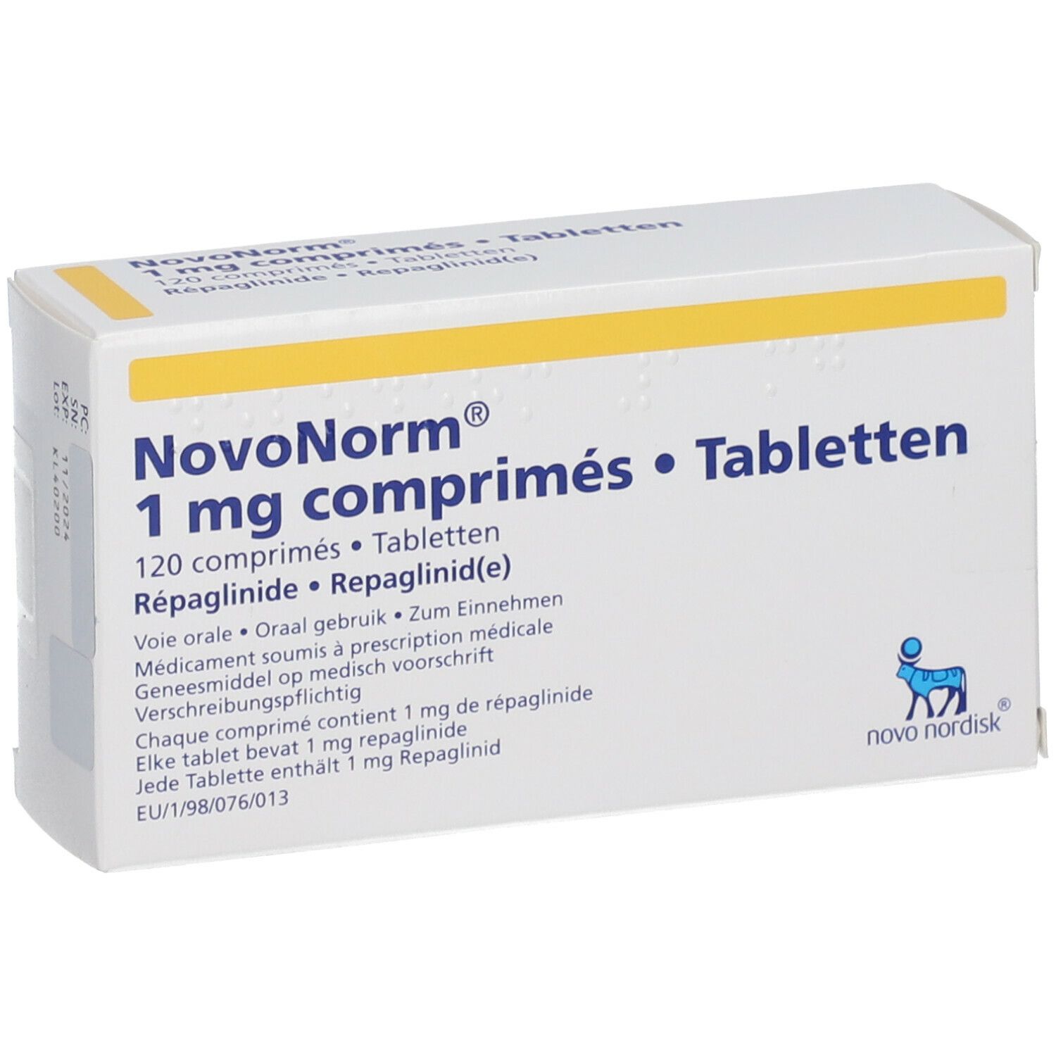 NovoNorm 1 mg Tabletten-Schachtel. Aufschrift: 120 comprimés, Tabletten. Novo Nordisk Logo.