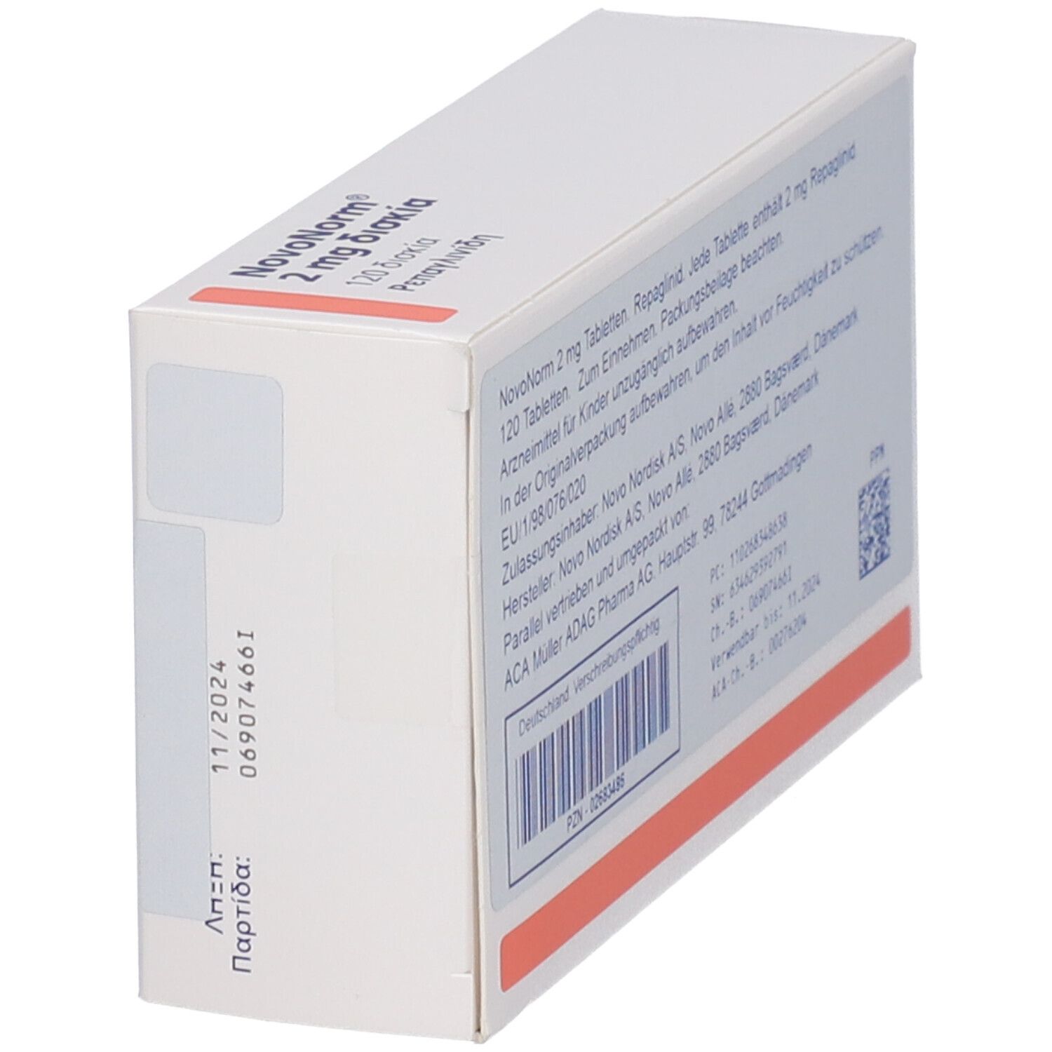 Weiße Schachtel NovoNorm 2 mg. Text in Deutsch. Barcode, Verfallsdatum. Winkelansicht.
