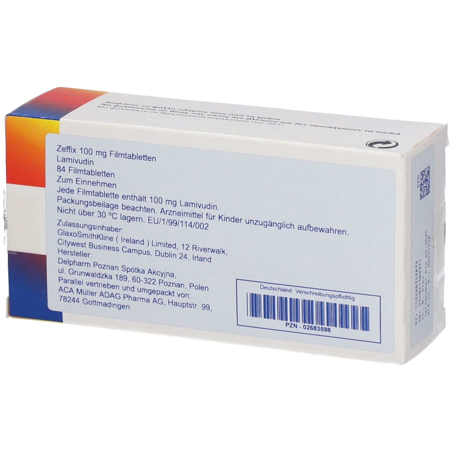 Rückseite der Zeffix 100 mg Tabletten-Schachtel. Text in Deutsch und Englisch. Herstellerinformationen.