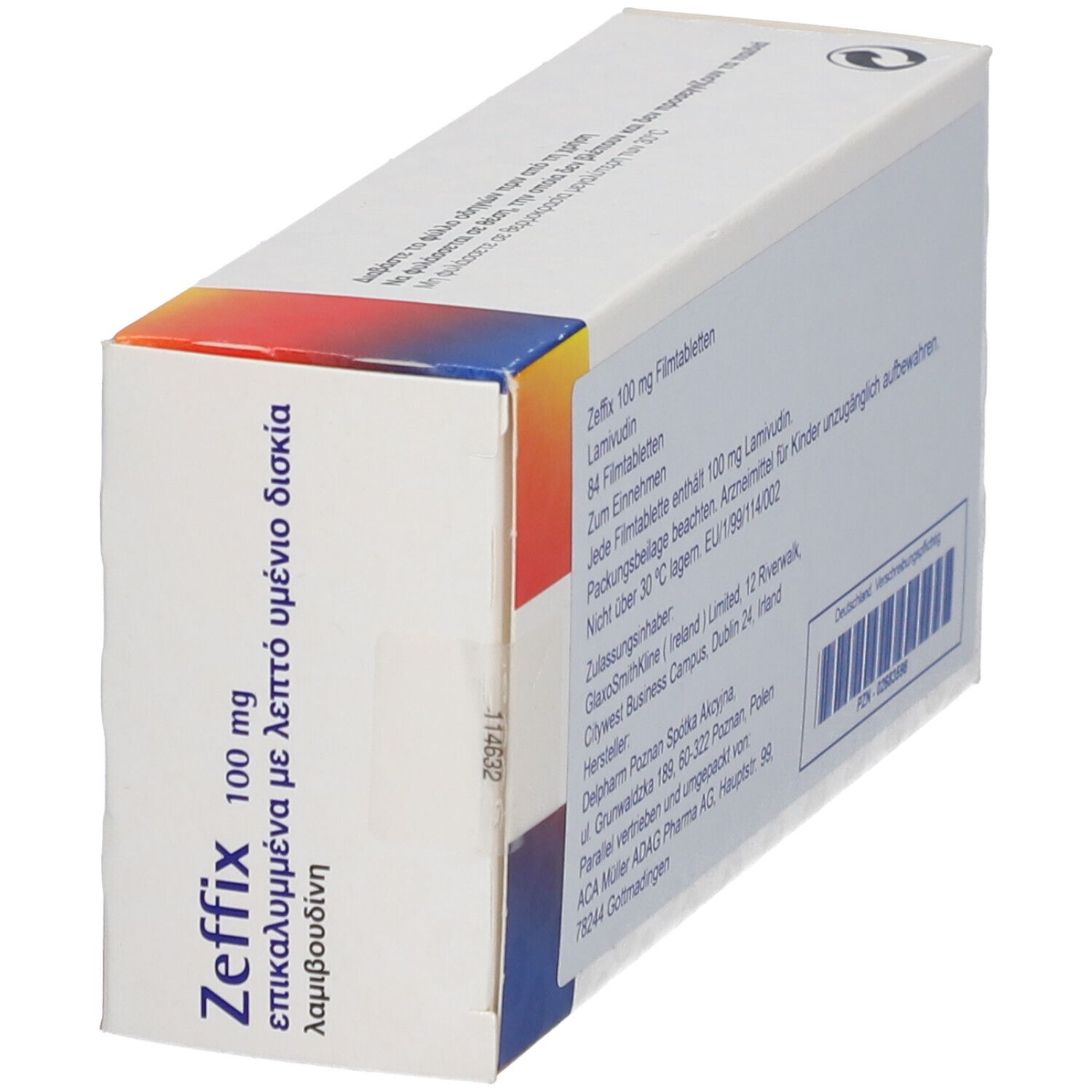 Schachtel mit Zeffix 100 mg Tabletten. Aufschrift in Griechisch und Englisch. Schräge Ansicht.