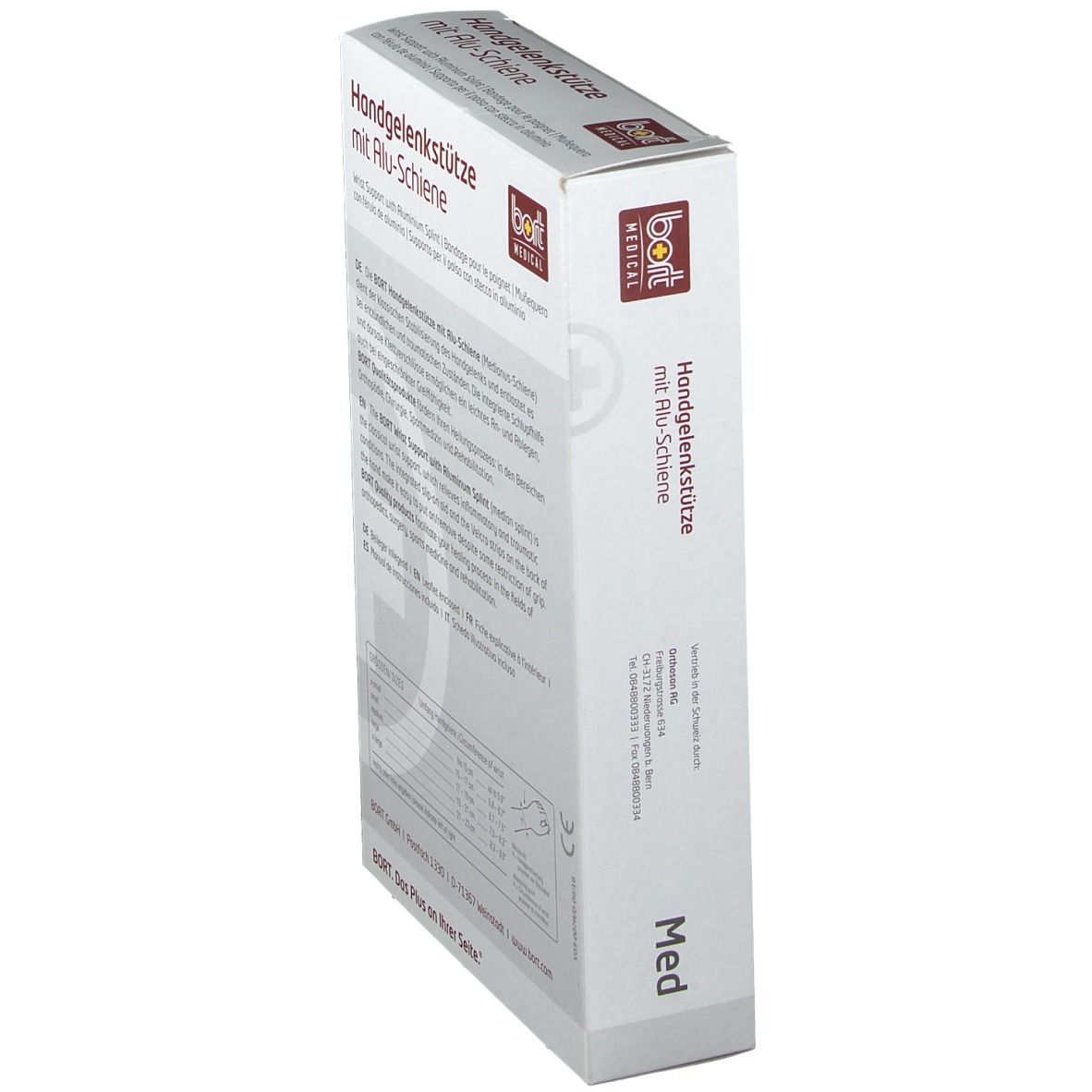 Seitenansicht der Verpackung der Handgelenkstütze mit Alu-Schiene. Text in Deutsch, Englisch, Französisch und Italienisch. Größentabelle.