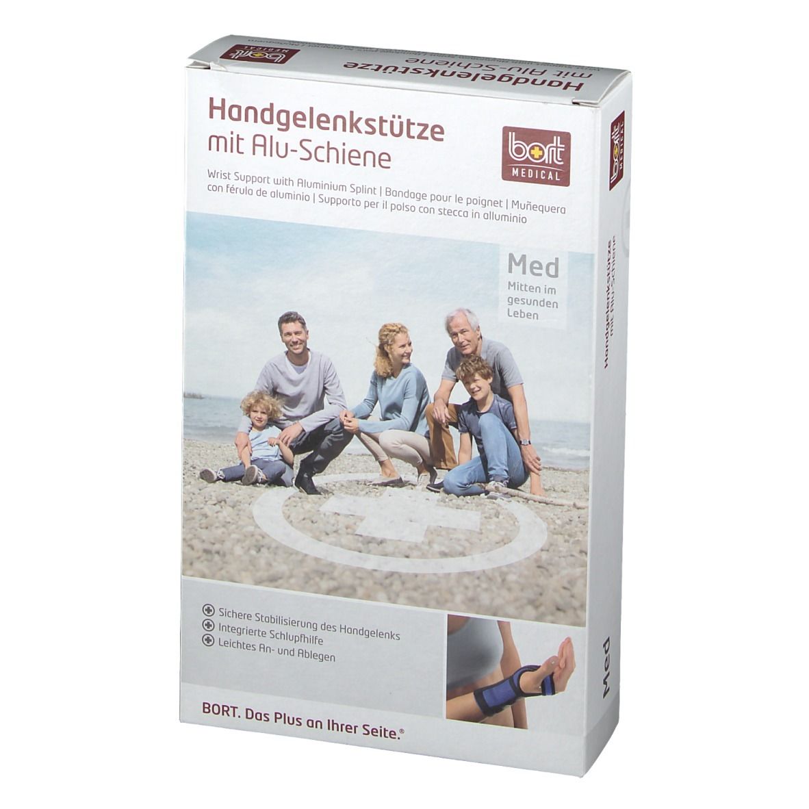 Verpackung der Handgelenkstütze mit Alu-Schiene. Aufdruck: BORT, Handgelenkstütze, Med. Familienfoto.