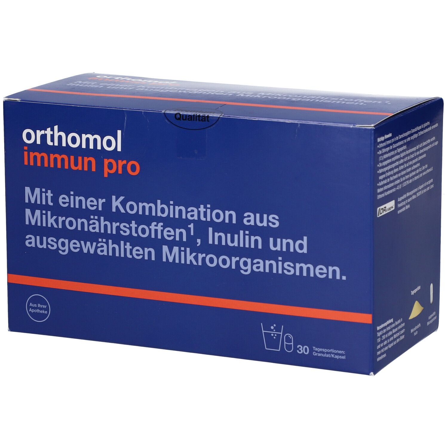 Blau-orange Schachtel mit Produktnamen und Text. Enthält 30 Tagesportionen Granulat/Kapseln. Apothekenlogo.