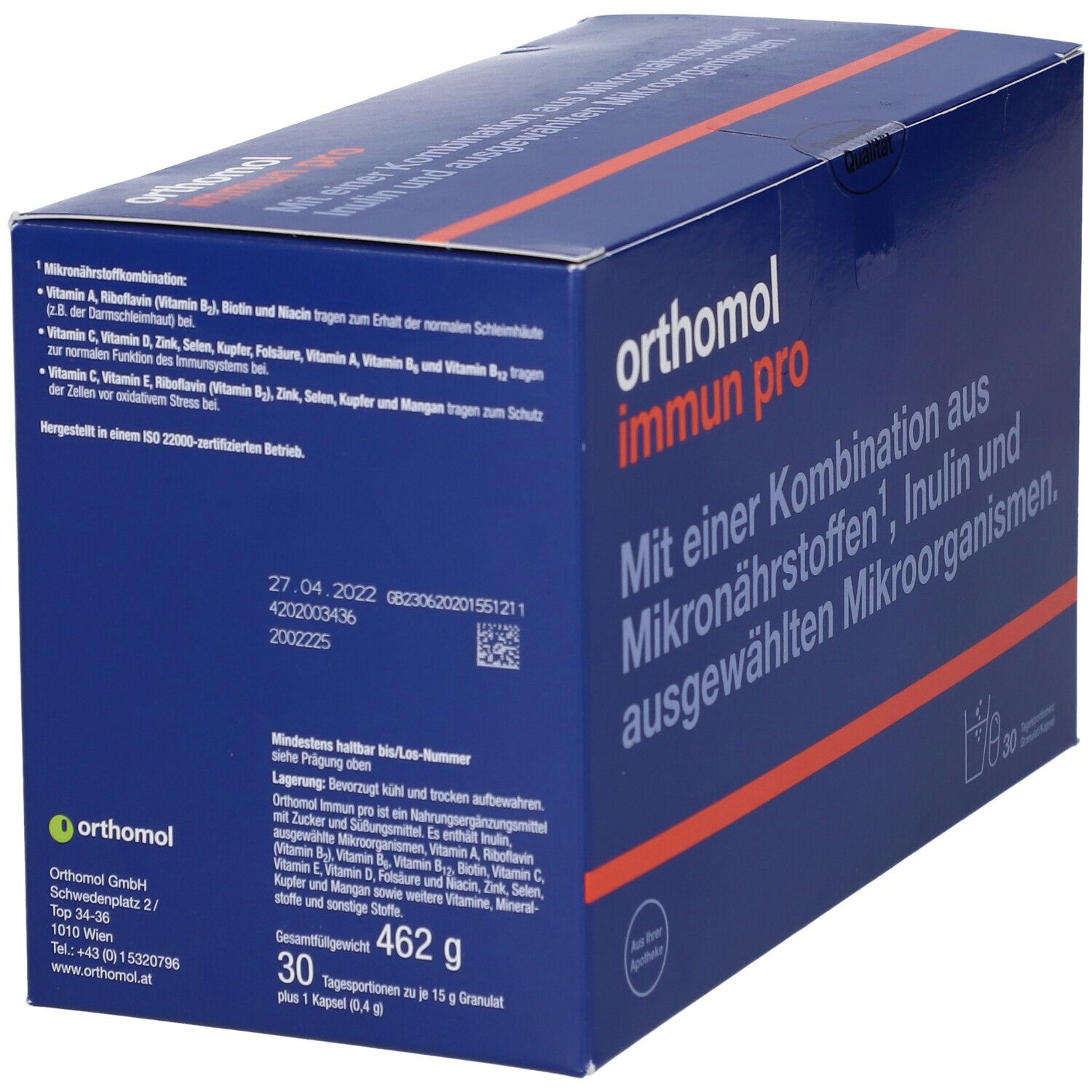 Blau-orange Schachtel mit Produktinformationen. Enthält 30 Tagesportionen. Inhaltsstoffe und Nährwertangaben.
