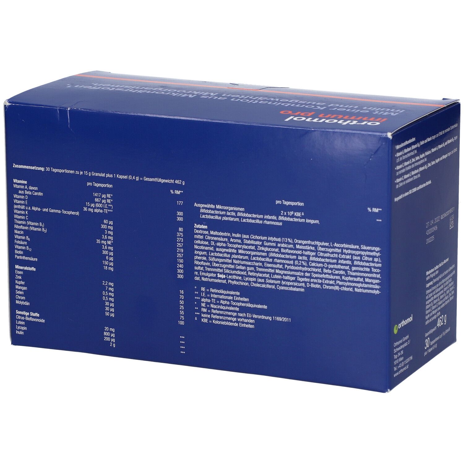 Rückseite der blau-orangen Schachtel mit Inhaltsstoffangaben und Nährwerttabelle. Enthält 30 Tagesportionen.