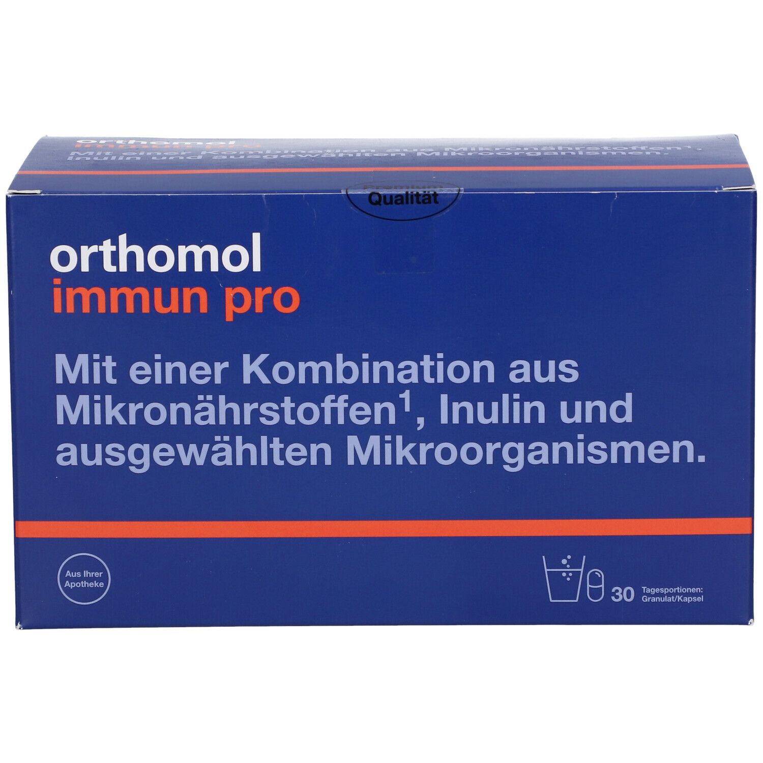 Blau-orange Schachtel mit Produktnamen und Text. Enthält 30 Tagesportionen Granulat/Kapseln. Apothekenlogo.