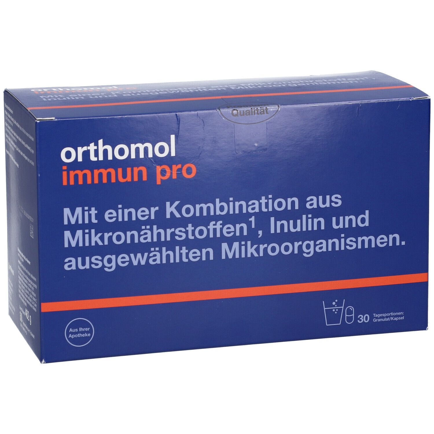 Blau-orange Schachtel mit Produktnamen und Text. Enthält 30 Tagesportionen Granulat/Kapseln. Apothekenlogo.