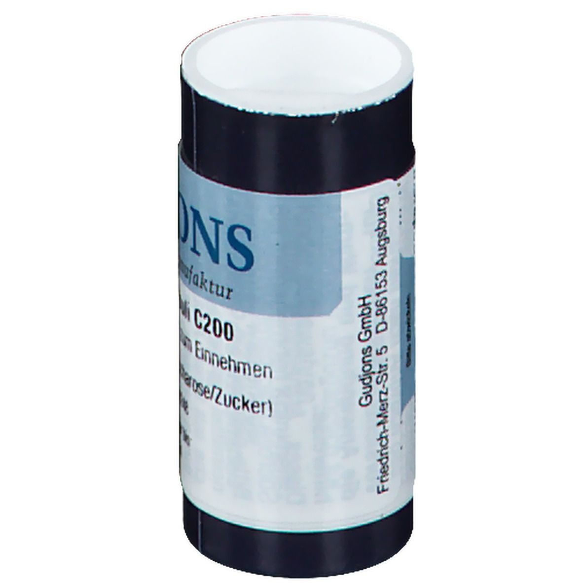 Zylinderförmige Dose mit blauem Etikett. Aufschrift: Iris vers. Globuli C200. Hersteller: Gudjons GmbH, Augsburg.