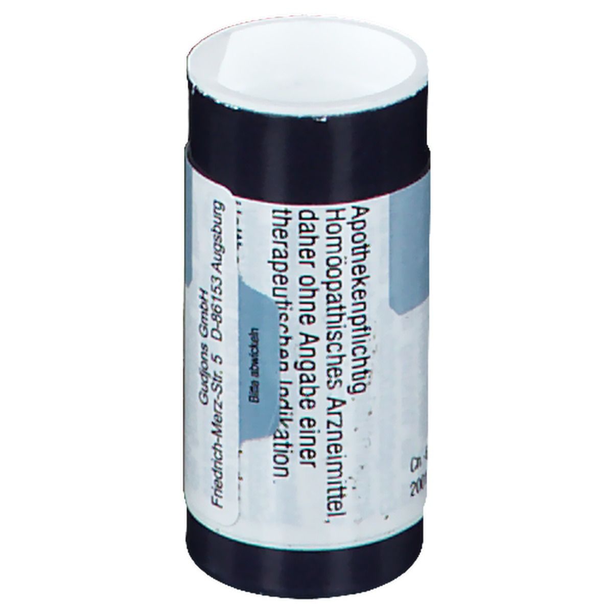 Zylinderförmige Dose mit blauem Etikett. Aufschrift: Apothekenpflichtig. Homöopathisches Arzneimittel. Gudjons GmbH.