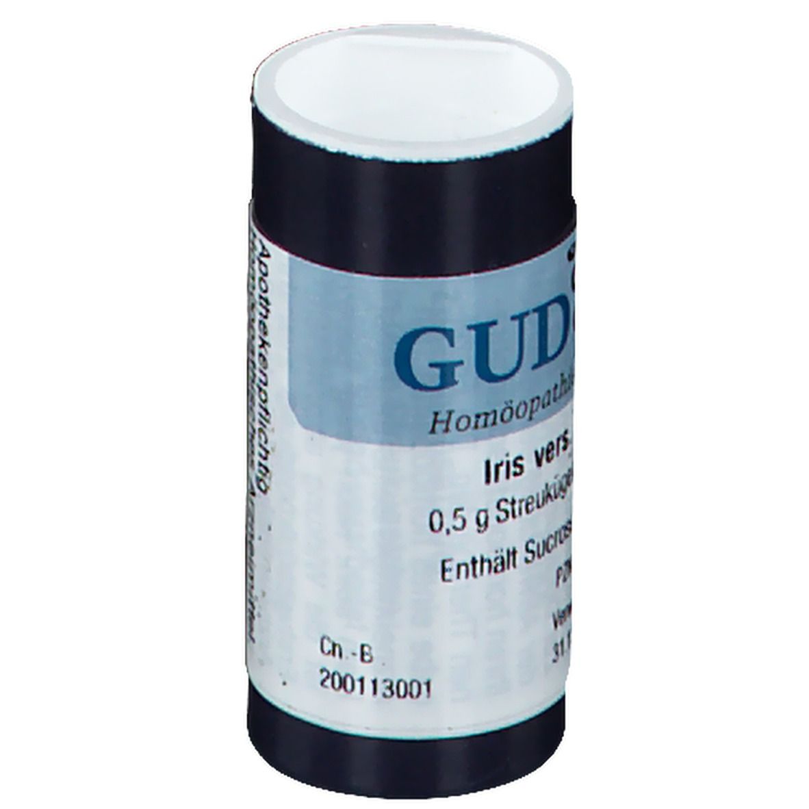 Zylinderförmige Dose mit blauem Etikett. Aufschrift: Iris vers. 0,5 g Streukügelchen. Enthält Sucrose. Ch.-B. 200113001.