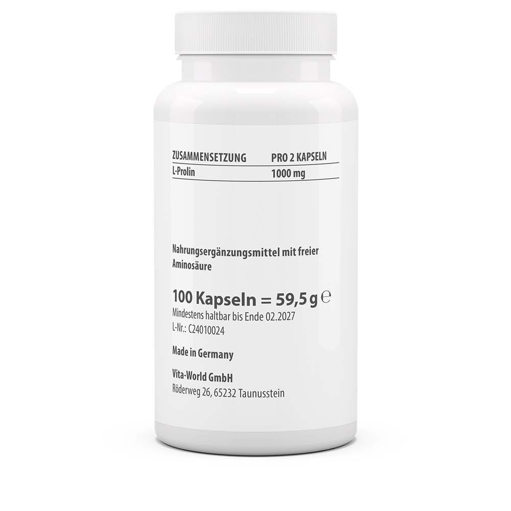 Rückseite der weißen Flasche. Aufschrift: Zusammensetzung, L-Prolin, 100 Kapseln = 59,5 g, Mindestens haltbar bis Ende 02.2027.