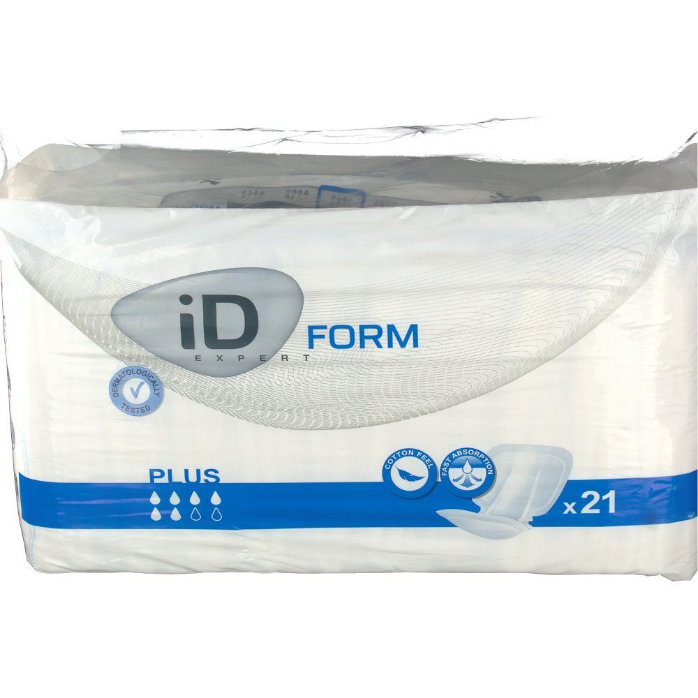 Verpackung von iD Expert Form Plus. Weiße Pads in Plastik verpackt. Blaue Streifen und Logos. x21.