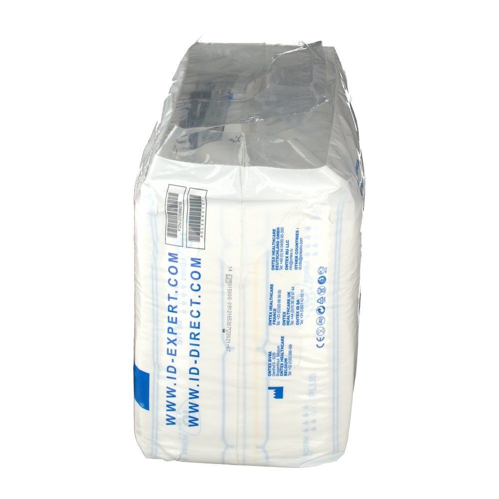 Rückseite der Verpackung von iD Expert Form Plus. Barcode und Website-Adresse. Weiße Pads in Plastik verpackt.