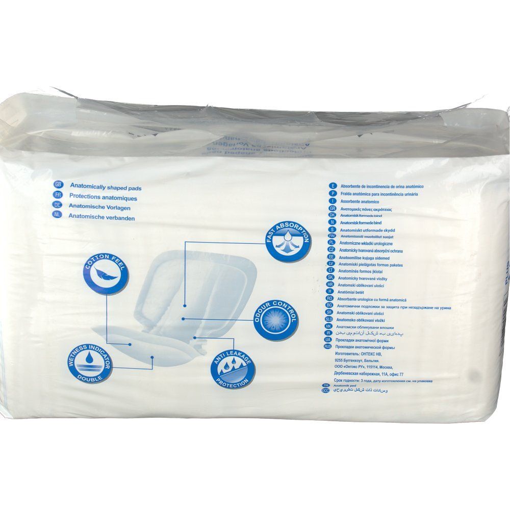 Rückseite der Verpackung von iD Expert Form Plus. Anatomisch geformte Pads. Produktmerkmale in mehreren Sprachen.