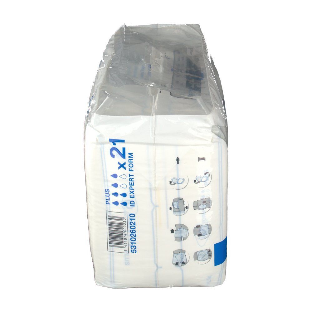 Seite der Verpackung von iD Expert Form Plus. x21. Produktinformationen und Piktogramme. Barcode.