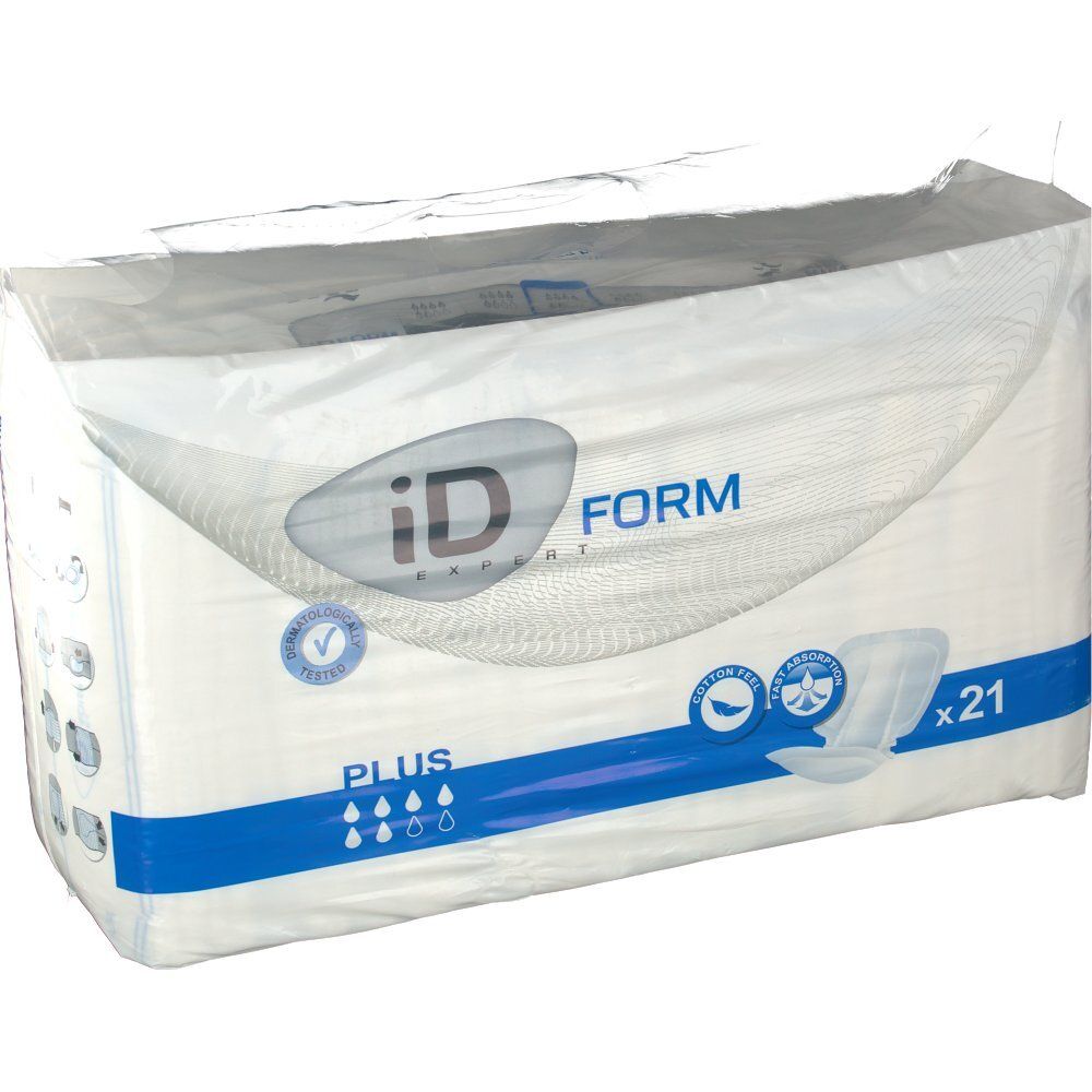 Verpackung von iD Expert Form Plus. Weiße Pads in Plastik verpackt. Blaue Streifen und Logos. x21.
