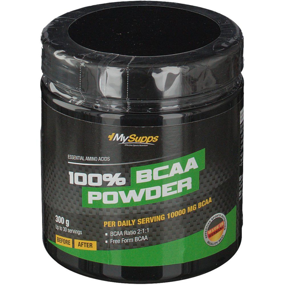 Schwarze Dose mit Aufschrift "100% BCAA Powder". Marke MySupps. 300g. Mit Siegel "Made in Germany".