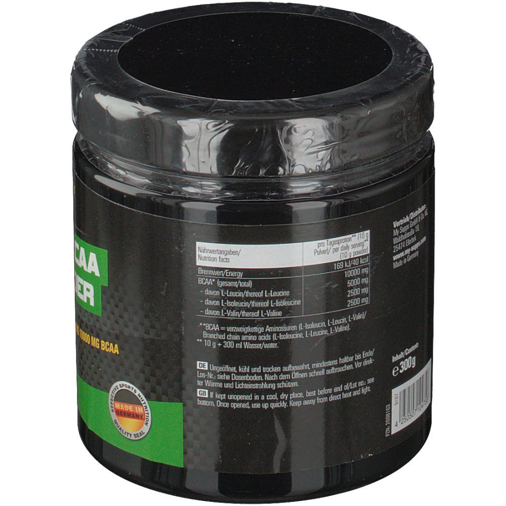 Schwarze Dose mit Nährwertangaben und Inhaltsstoffen. "100% BCAA Powder". 300g. Siegel "Made in Germany".