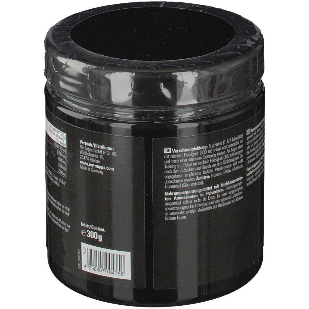 Schwarze Dose mit Herstellerinformationen. "100% BCAA Powder". 300g. Siegel "Made in Germany".
