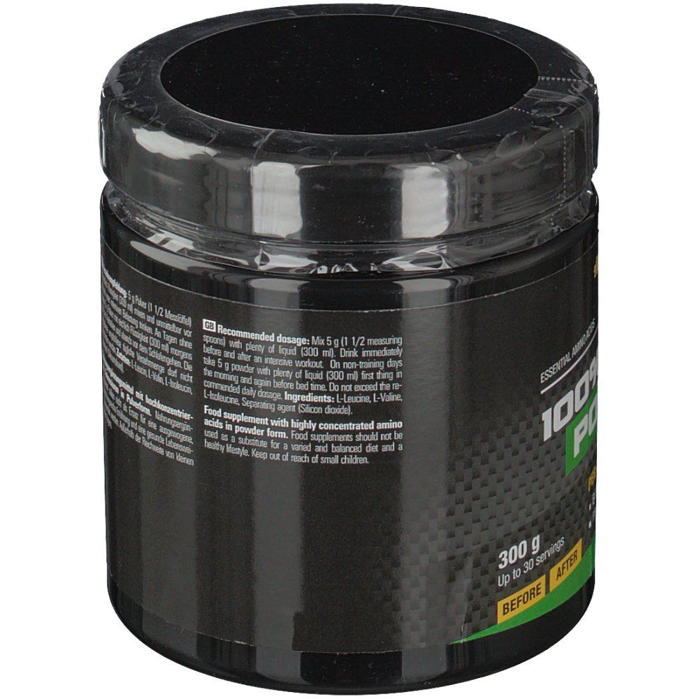 Schwarze Dose mit Dosierungsempfehlung und Inhaltsstoffen. "100% BCAA Powder". 300g.
