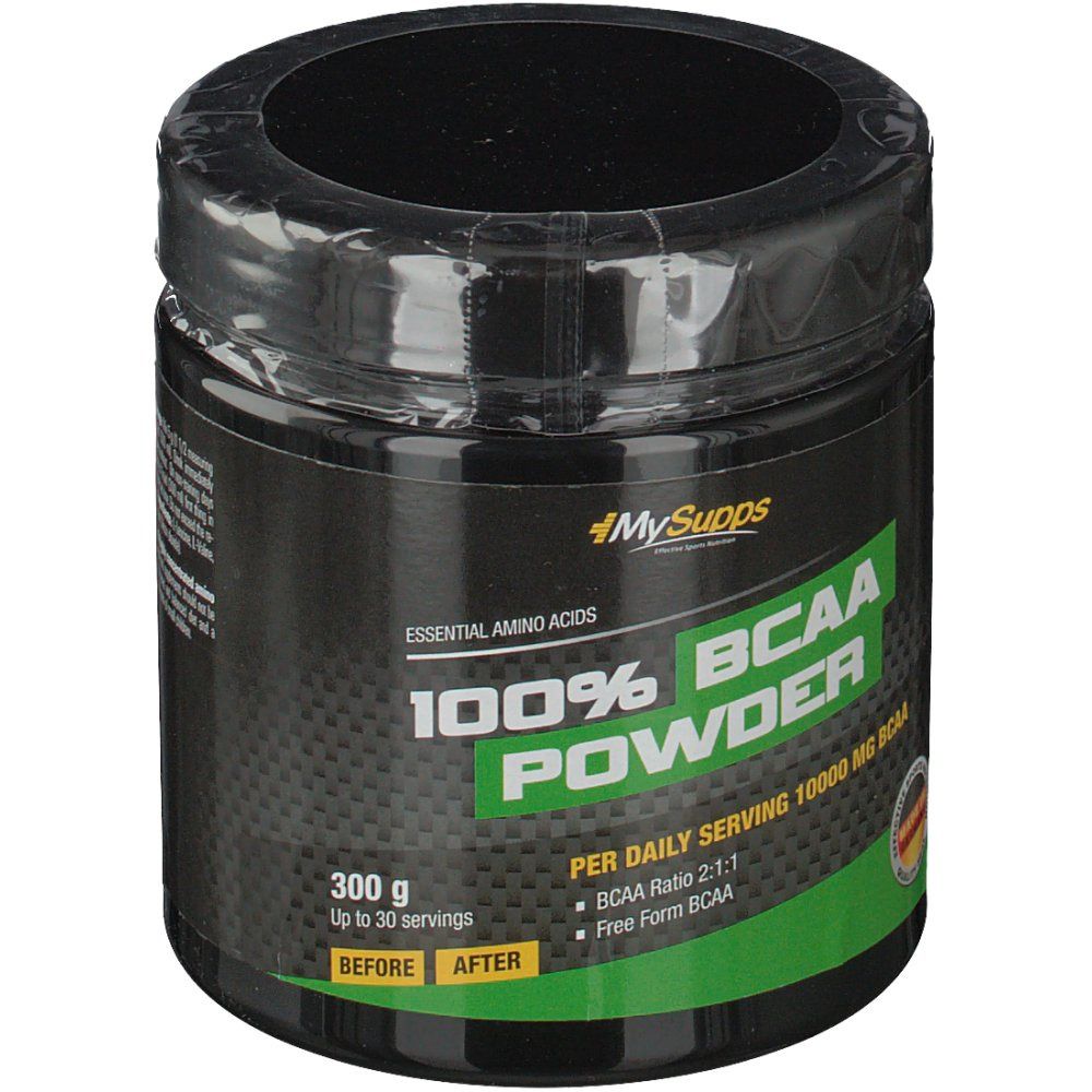Schwarze Dose mit Aufschrift "100% BCAA Powder". Marke MySupps. 300g. Mit Siegel "Made in Germany".
