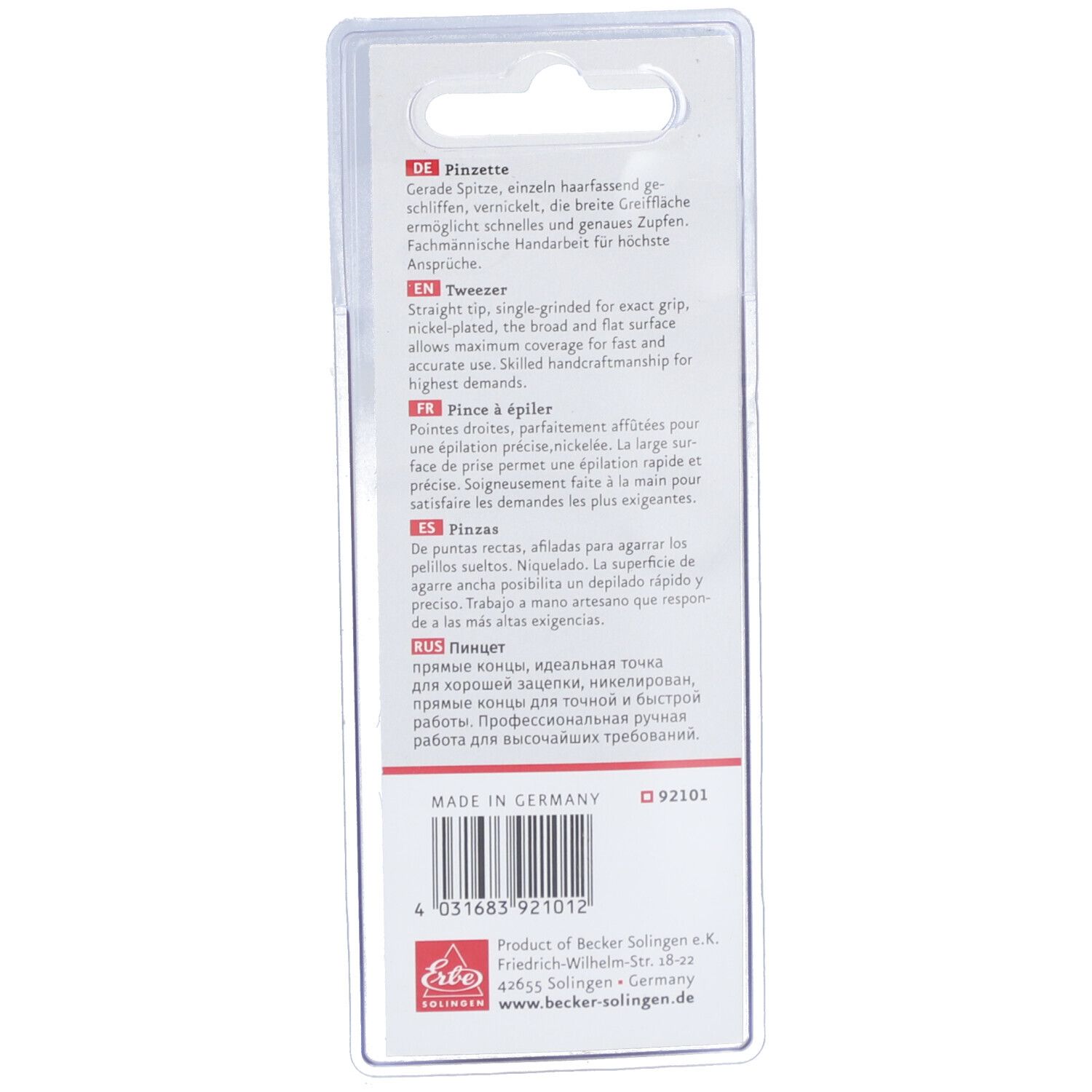 Rückseite der Blisterverpackung. Text in Deutsch, Englisch, Französisch, Spanisch und Russisch.