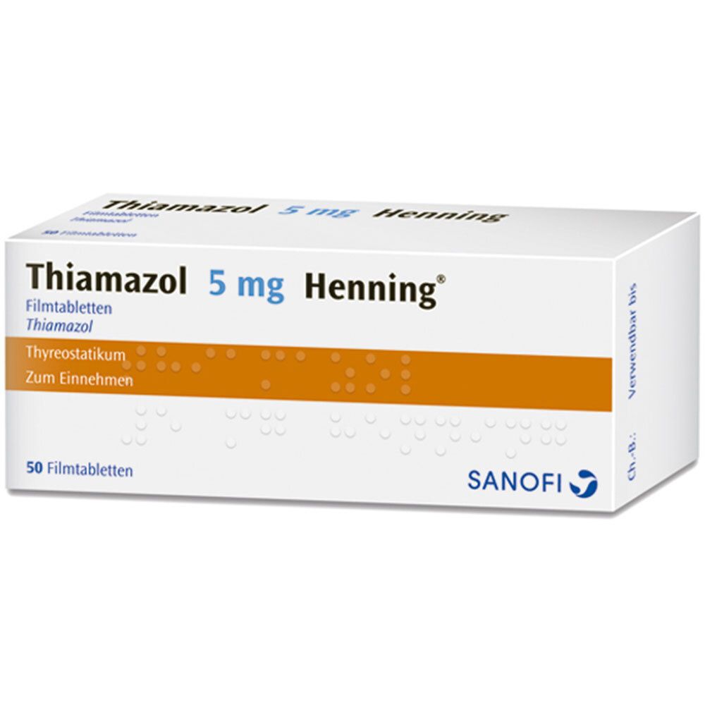 Weiße Schachtel mit Thiamazol 5 mg Henning Filmtabletten. Aufschrift: 50 Filmtabletten, Sanofi.