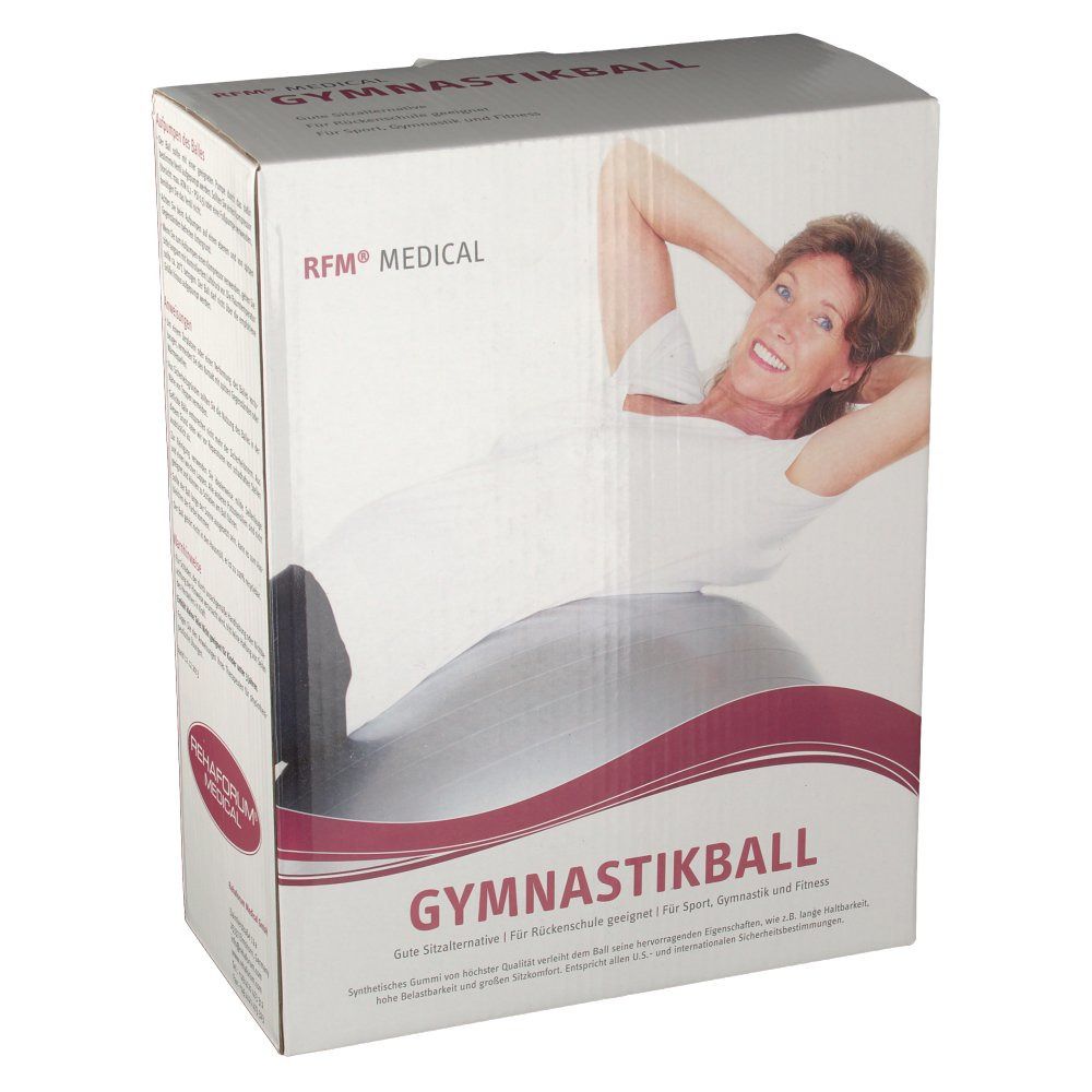 Verpackung mit Gymnastikball. Aufdruck: RFM Medical, Gymnastikball, Frau auf Ball. Farbe: blau metallic. Text: Gute Sitzalternative für Sport, Gymnastik und Fitness.