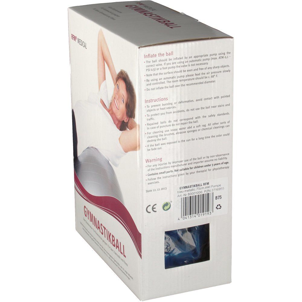 Verpackung mit Gymnastikball. Aufdruck: Gymnastikball, RFM Medical. Text: Hinweise zur Anwendung. CE-Kennzeichnung. Sichtfenster mit blauem Ball.