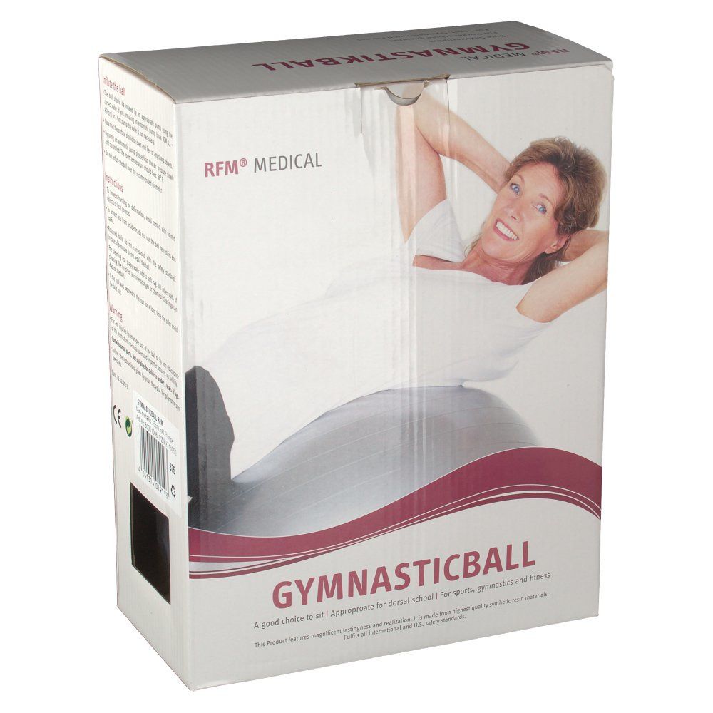 Verpackung mit Gymnastikball. Aufdruck: RFM Medical, Gymnastikball, Frau auf Ball. Farbe: blau metallic. Text: Gute Sitzalternative für Sport, Gymnastik und Fitness.