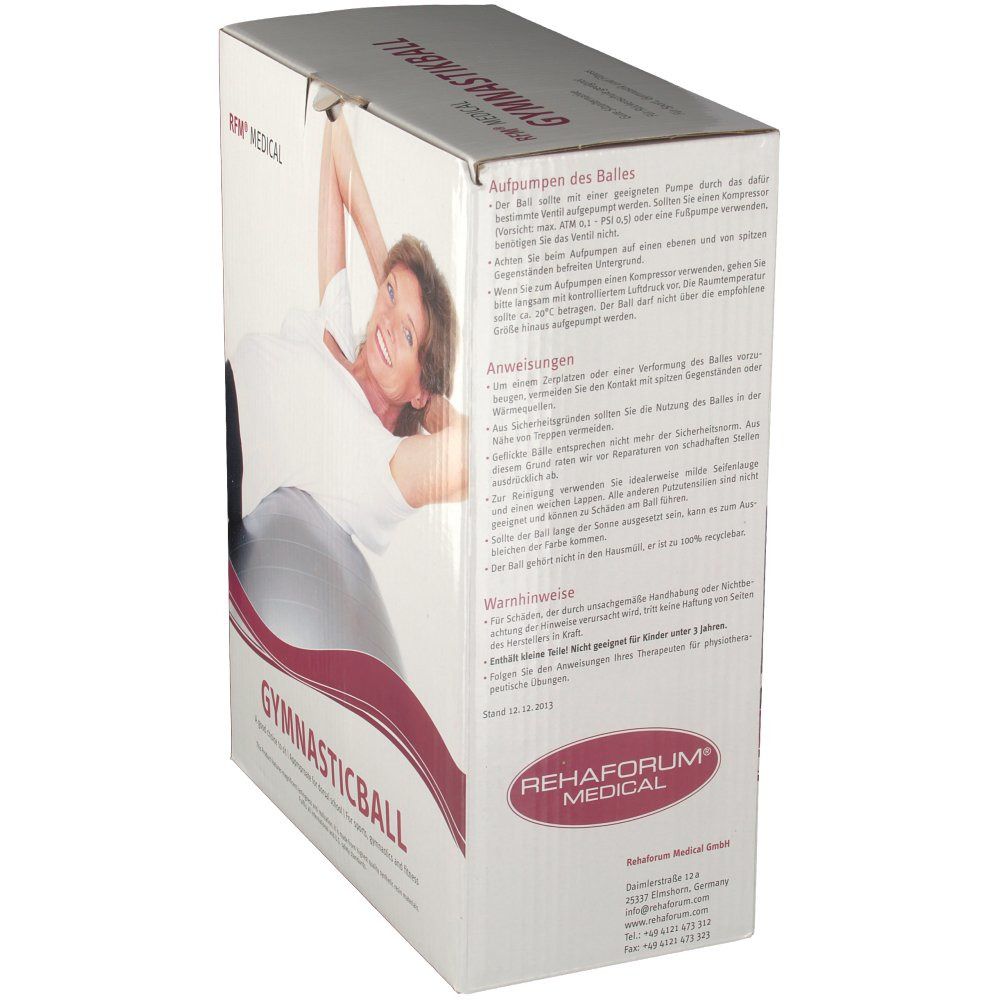 Verpackung mit Gymnastikball. Aufdruck: Gymnastikball, RFM Medical, Frau auf Ball. Text: Hinweise zur Anwendung. Logo Rehaforum Medical.