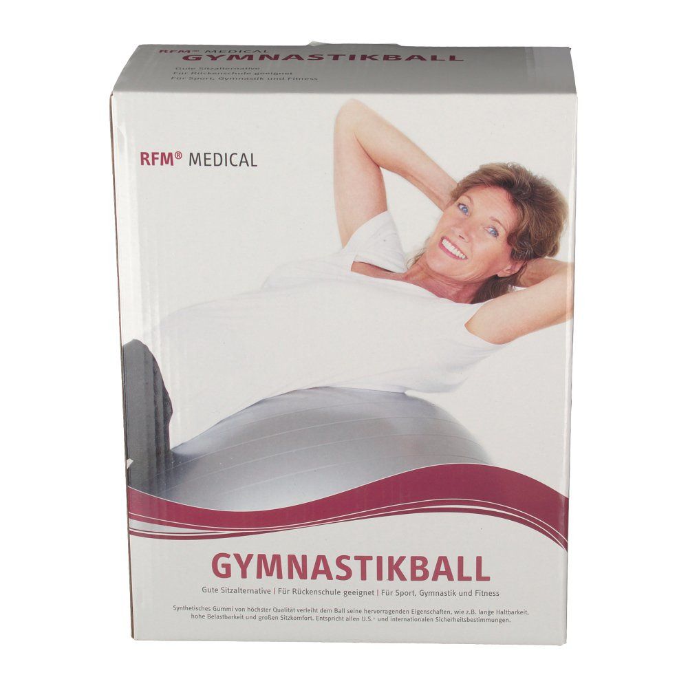Verpackung mit Gymnastikball. Aufdruck: RFM Medical, Gymnastikball, Frau auf Ball. Farbe: blau metallic. Text: Gute Sitzalternative für Sport, Gymnastik und Fitness.