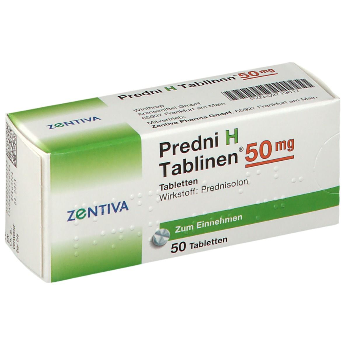 Schachtel Predni H Tablinen 50 mg. Verpackung mit Produktnamen, Dosierung und Herstellerlogo. Enthält 50 Tabletten.