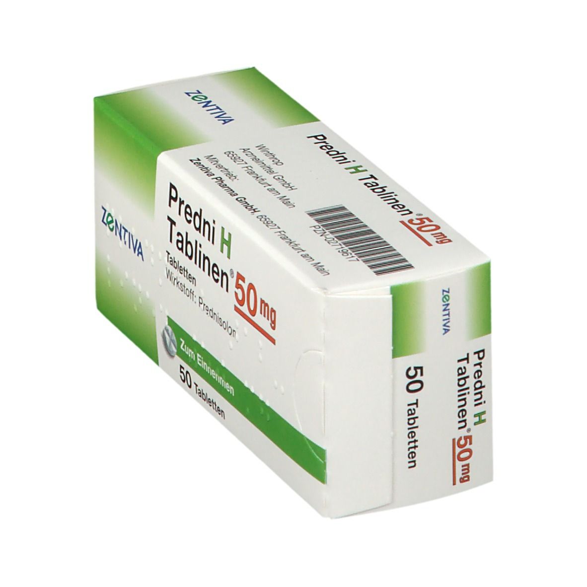Schachtel Predni H Tablinen 50 mg. Verpackung schräg gestellt, mit Produktnamen und Herstellerlogo. Enthält 50 Tabletten.