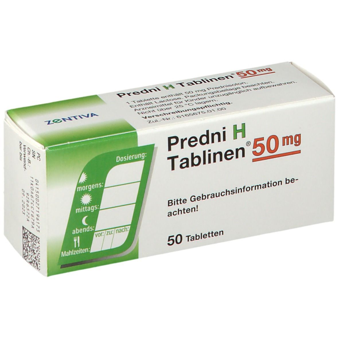 Schachtel Predni H Tablinen 50 mg. Verpackung mit Dosierungsanleitung. Enthält 50 Tabletten. Herstellerlogo sichtbar.