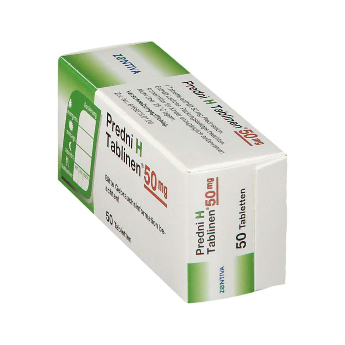 Schachtel Predni H Tablinen 50 mg. Verpackung schräg gestellt, mit Dosierungsanleitung. Enthält 50 Tabletten.