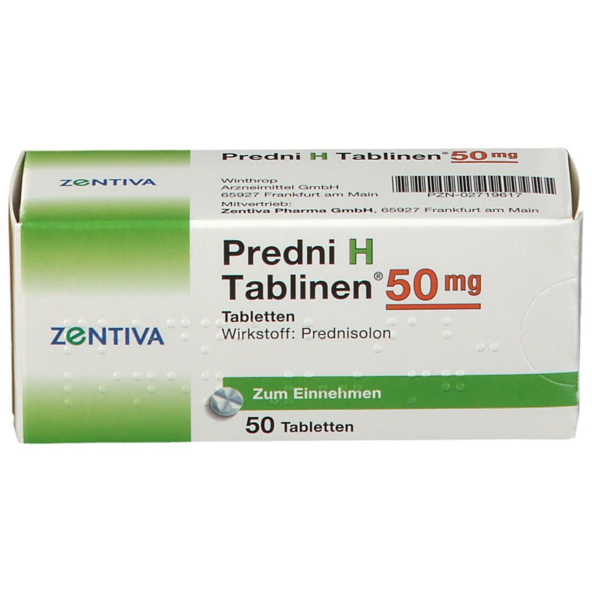 Schachtel Predni H Tablinen 50 mg. Verpackung mit Produktnamen, Dosierung und Herstellerinformationen. Enthält 50 Tabletten.