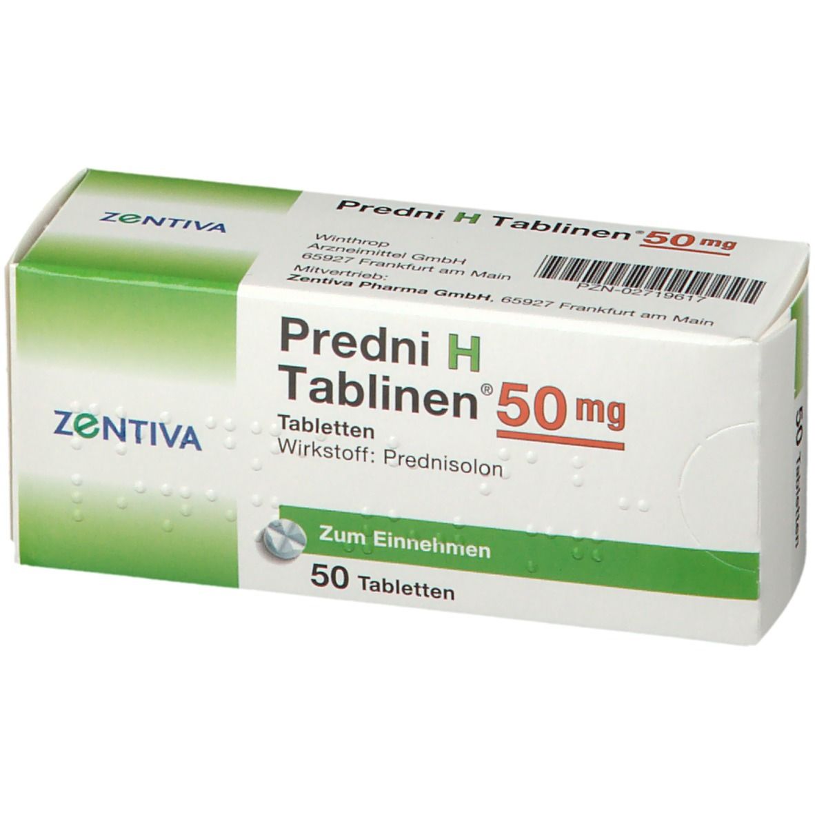Schachtel Predni H Tablinen 50 mg. Verpackung mit Produktnamen, Dosierung und Herstellerlogo. Enthält 50 Tabletten.