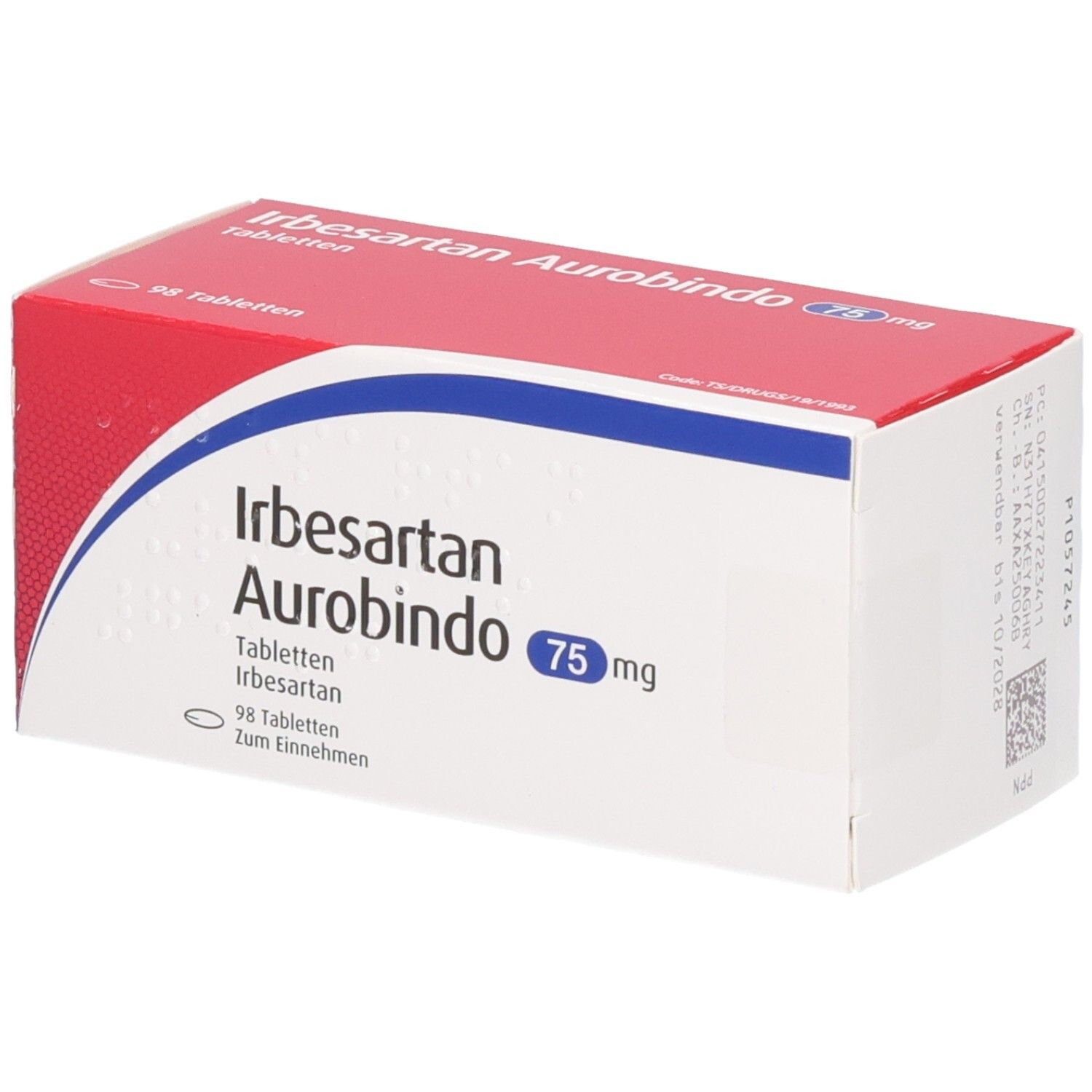 Schachtel mit IRBESARTAN AUROBINDO 75mg Tabletten. Rote und weiße Verpackung. Aufschrift: 98 Tabletten. Produktname und Dosierung deutlich sichtbar.