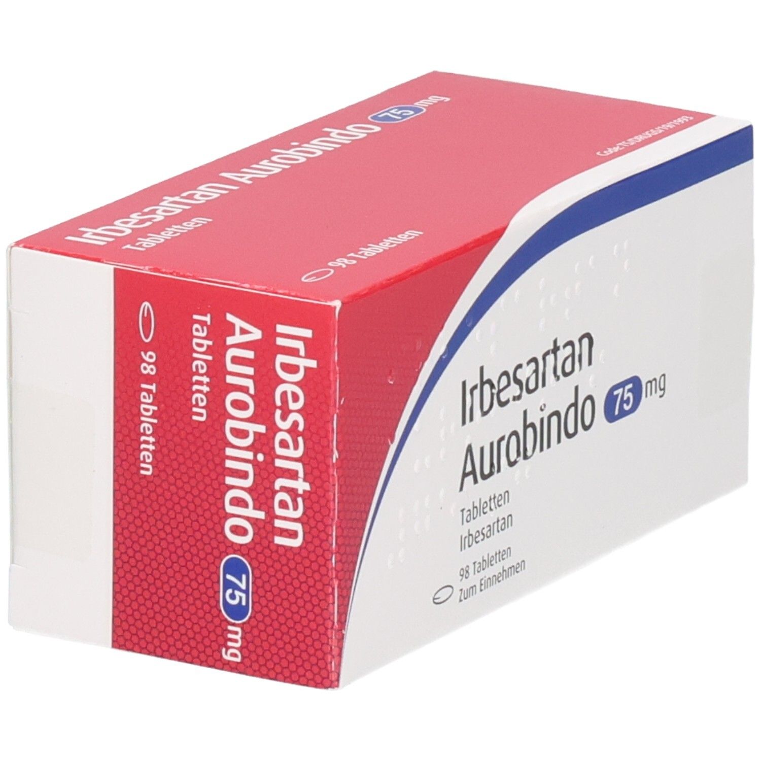 Schachtel mit IRBESARTAN AUROBINDO 75mg Tabletten. Rote und weiße Verpackung. Aufschrift: 98 Tabletten. Produktname und Dosierung deutlich sichtbar.