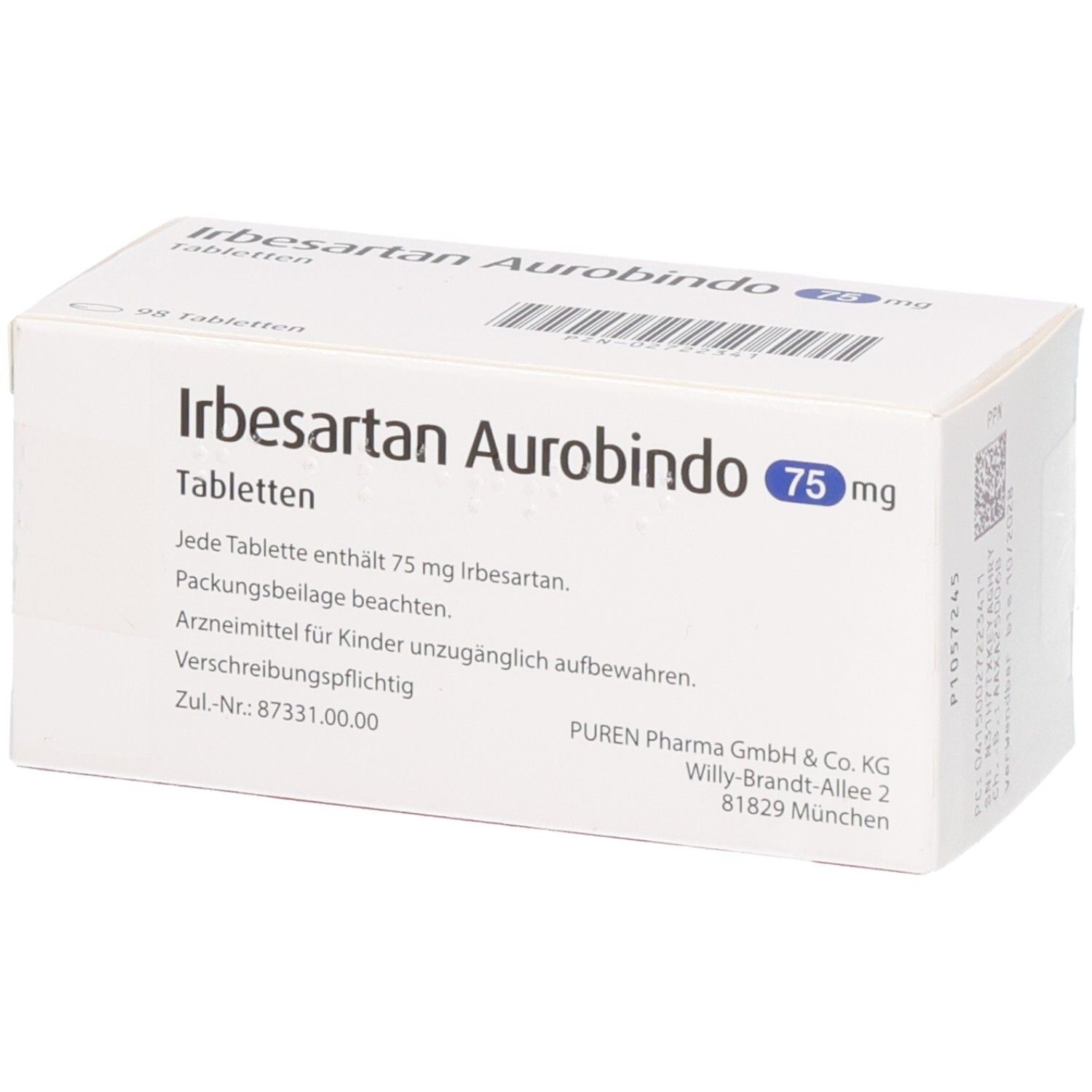 Schachtel mit IRBESARTAN AUROBINDO 75mg Tabletten. Weiße Verpackung mit Produktinformationen. Aufschrift: 75 mg Irbesartan.