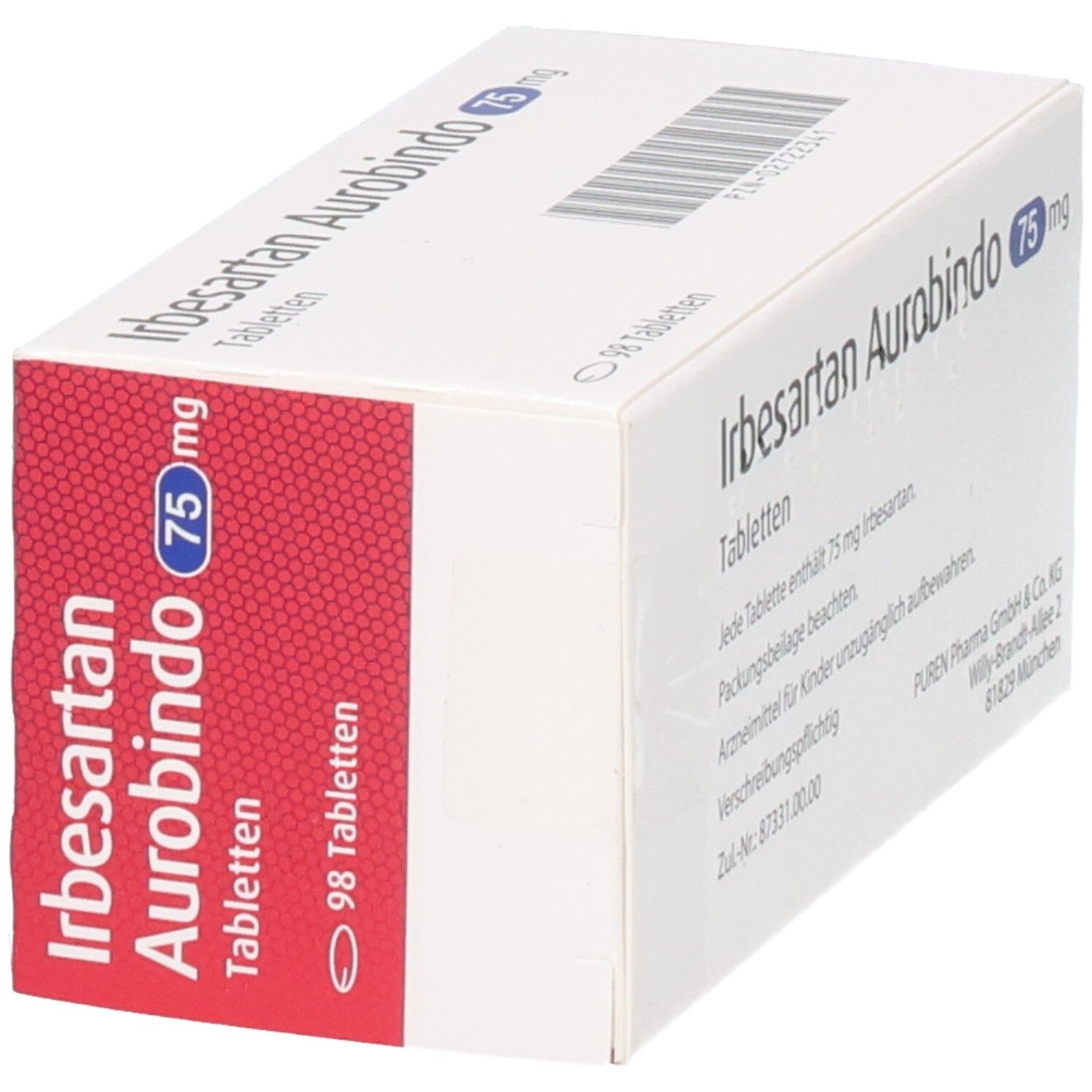 Schachtel mit IRBESARTAN AUROBINDO 75mg Tabletten. Rote und weiße Verpackung. Aufschrift: 98 Tabletten. Produktname und Dosierung deutlich sichtbar.