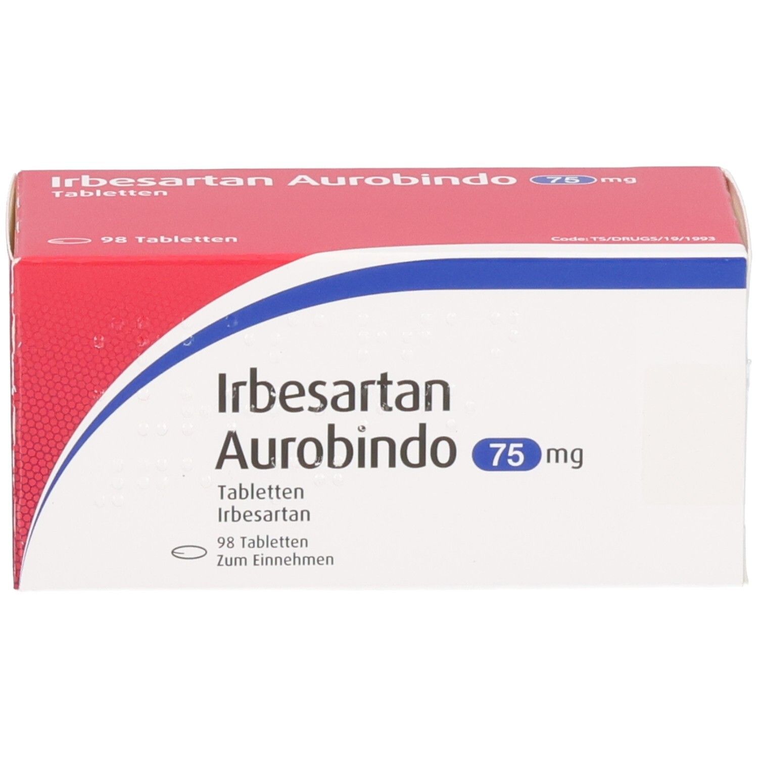 Schachtel mit IRBESARTAN AUROBINDO 75mg Tabletten. Rote und weiße Verpackung. Aufschrift: 98 Tabletten. Produktname und Dosierung deutlich sichtbar.